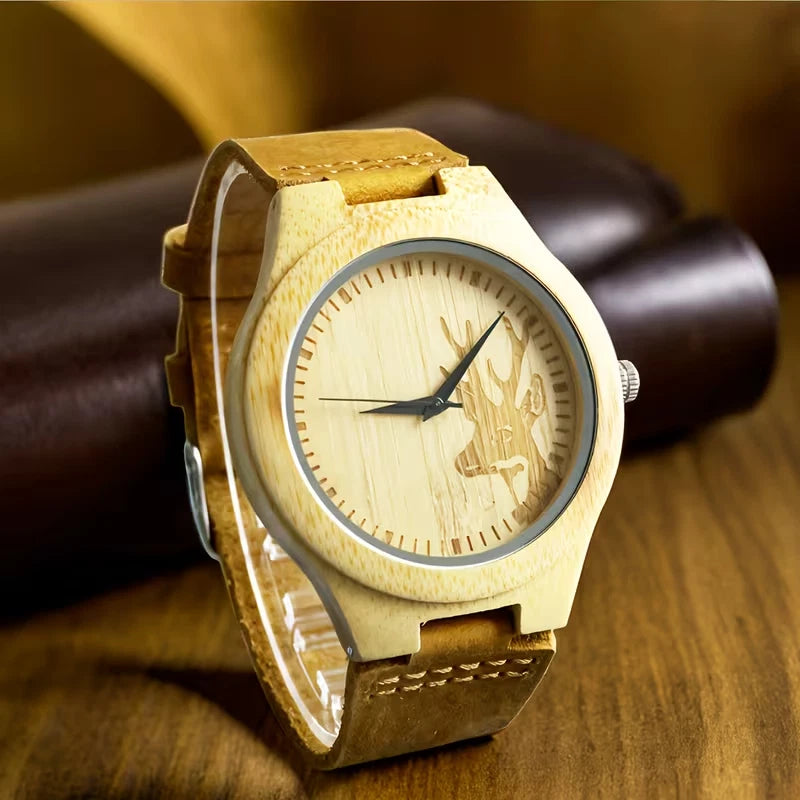 The Dear Hunter Wood Watch Men'S Quartz Watch with Faux Leather Strap Bamboo