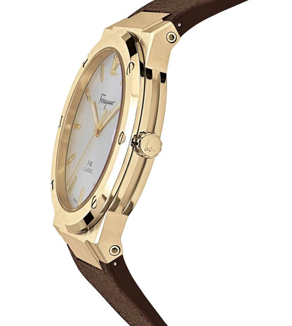 Ferragamo Men's F-80 SFDT00819 Classic Watch Brown Strap Steel Gold Dial 42mm