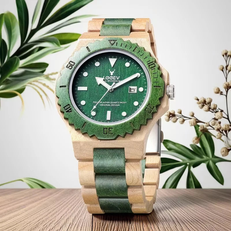 Green Dial Wooden Men’s Quartz Watch Sandalwood Date 45mm Diver Style