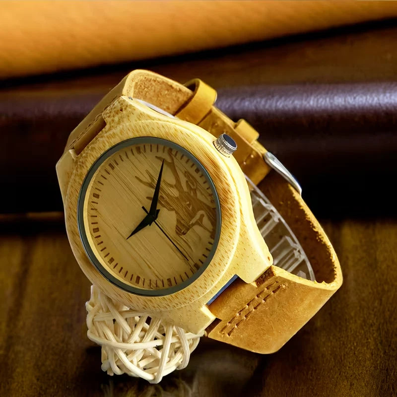 The Dear Hunter Wood Watch Men'S Quartz Watch with Faux Leather Strap Bamboo