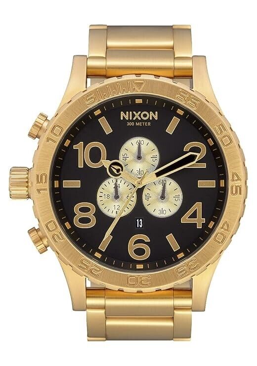 Nixon Chrono A083-510 Mens Quartz Watch Black Dial Gold Stainless Steel 51mm