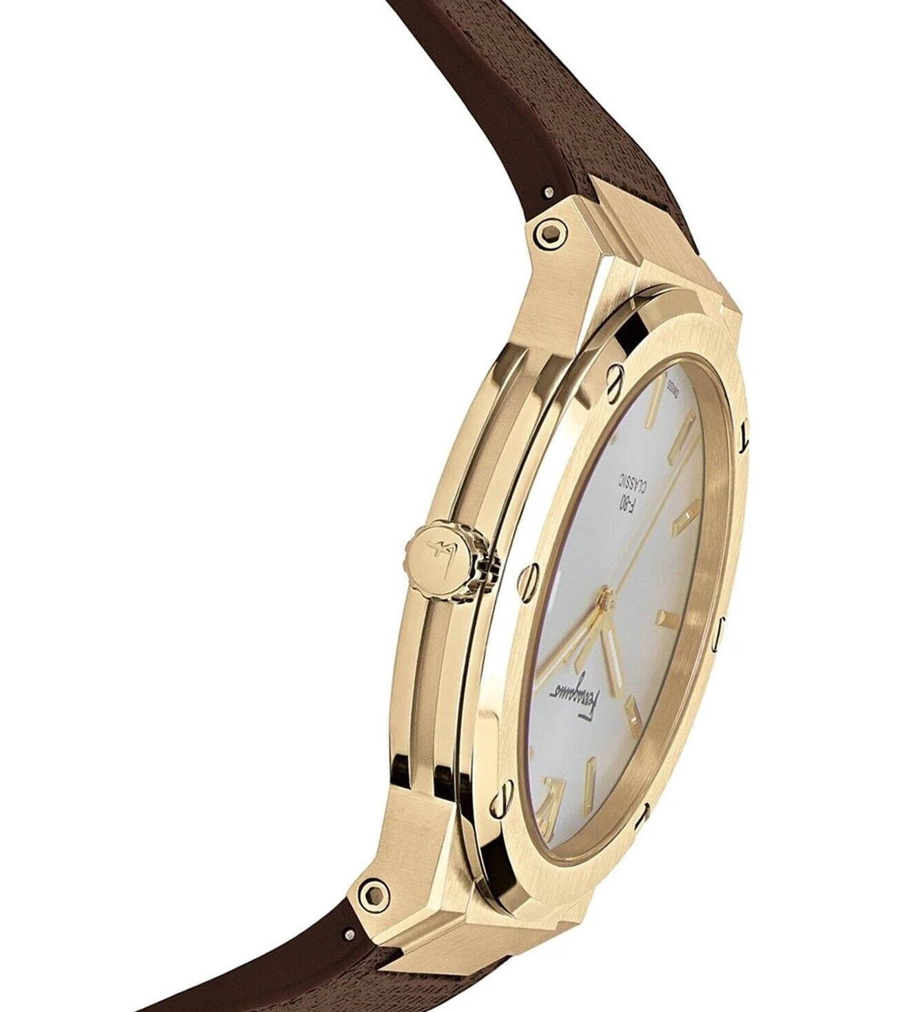 Ferragamo Men's F-80 SFDT00819 Classic Watch Brown Strap Steel Gold Dial 42mm